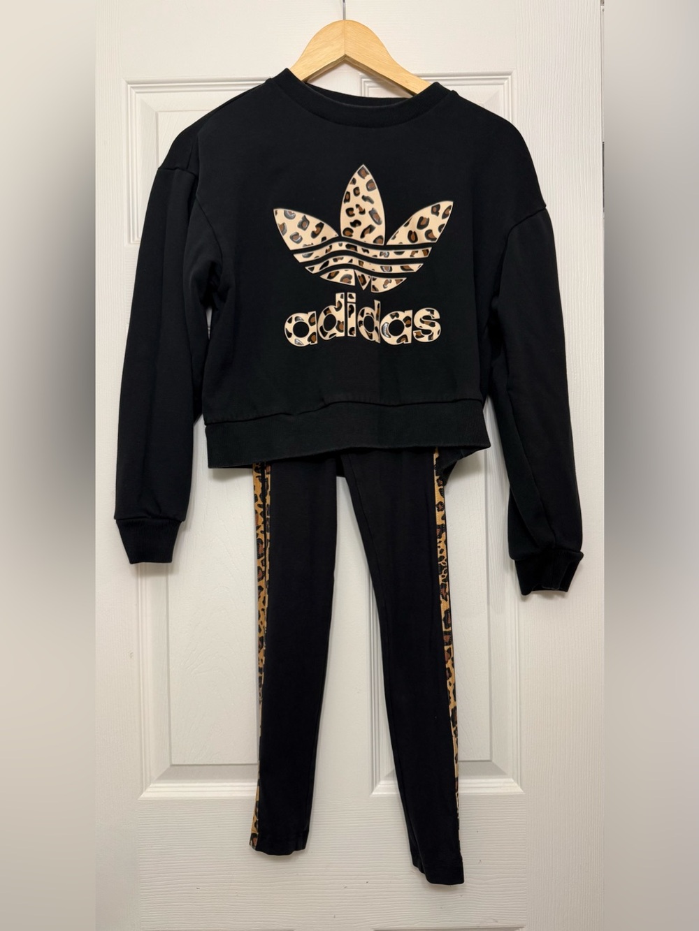 adidas Black Leopard-Accent Cropped Sweatshirt and Leggings